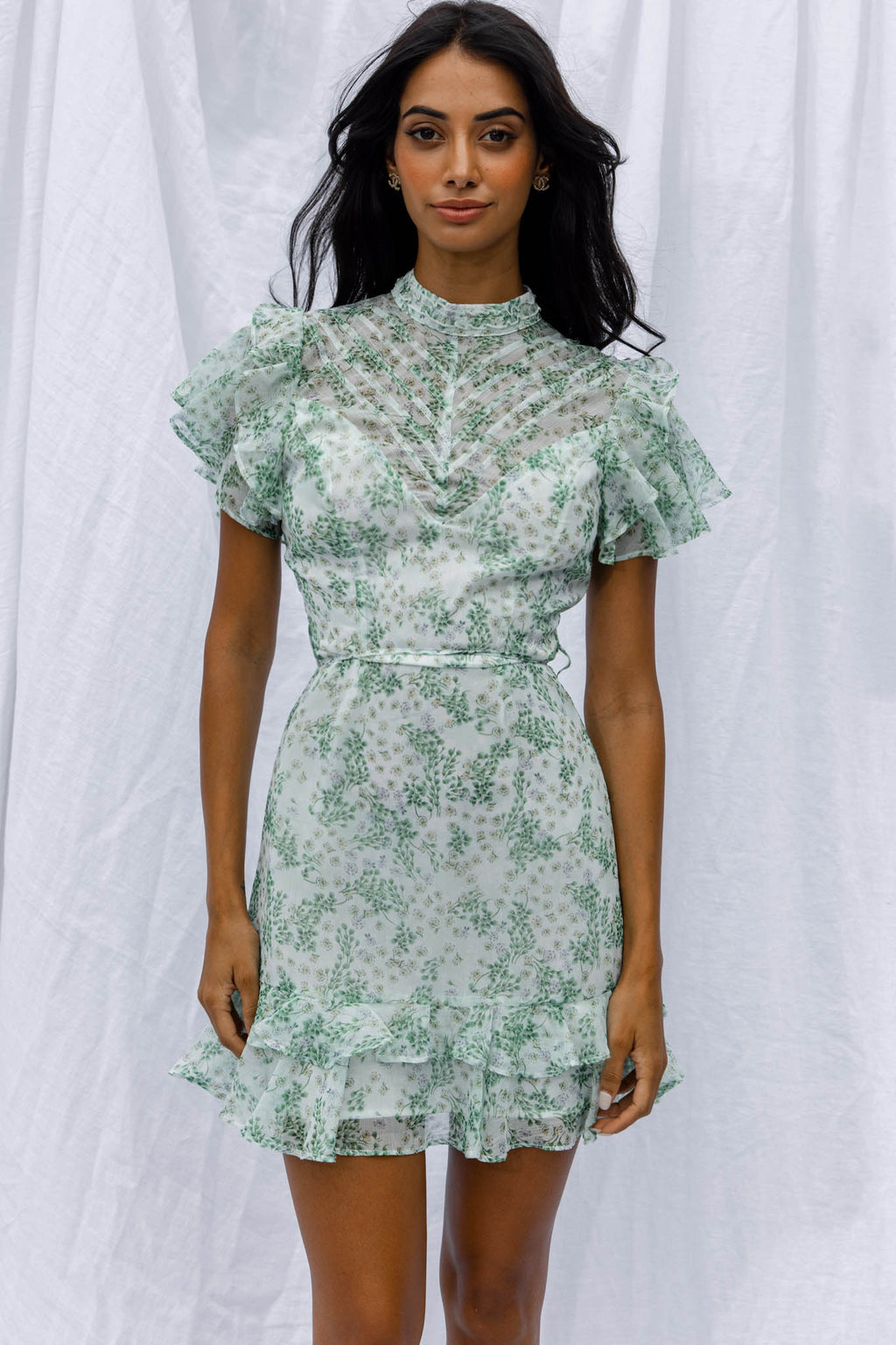 Lark High Neck Ruffle Sleeve Dress Clover Print Green by Selfie Leslie