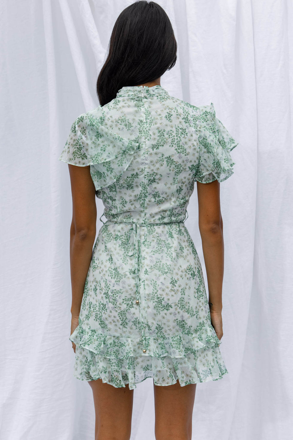 Lark High Neck Ruffle Sleeve Dress Clover Print Green by Selfie Leslie