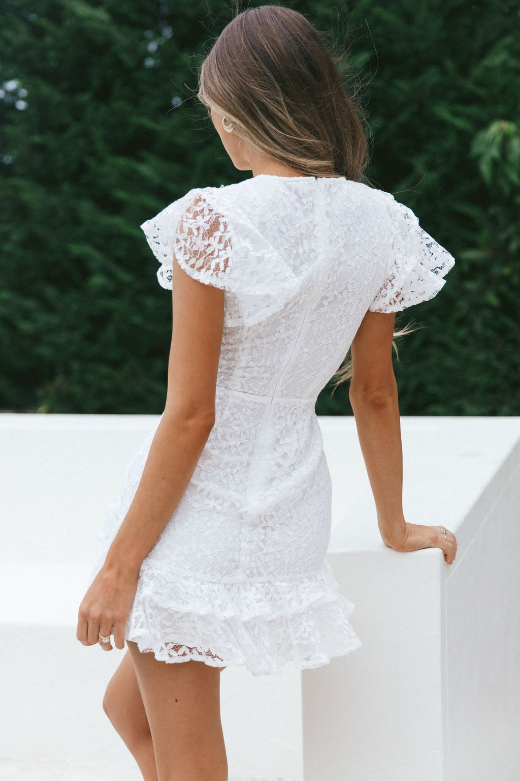Lark Crew Neck Ruffle Sleeve Dress Lace Overlay White by Selfie Leslie