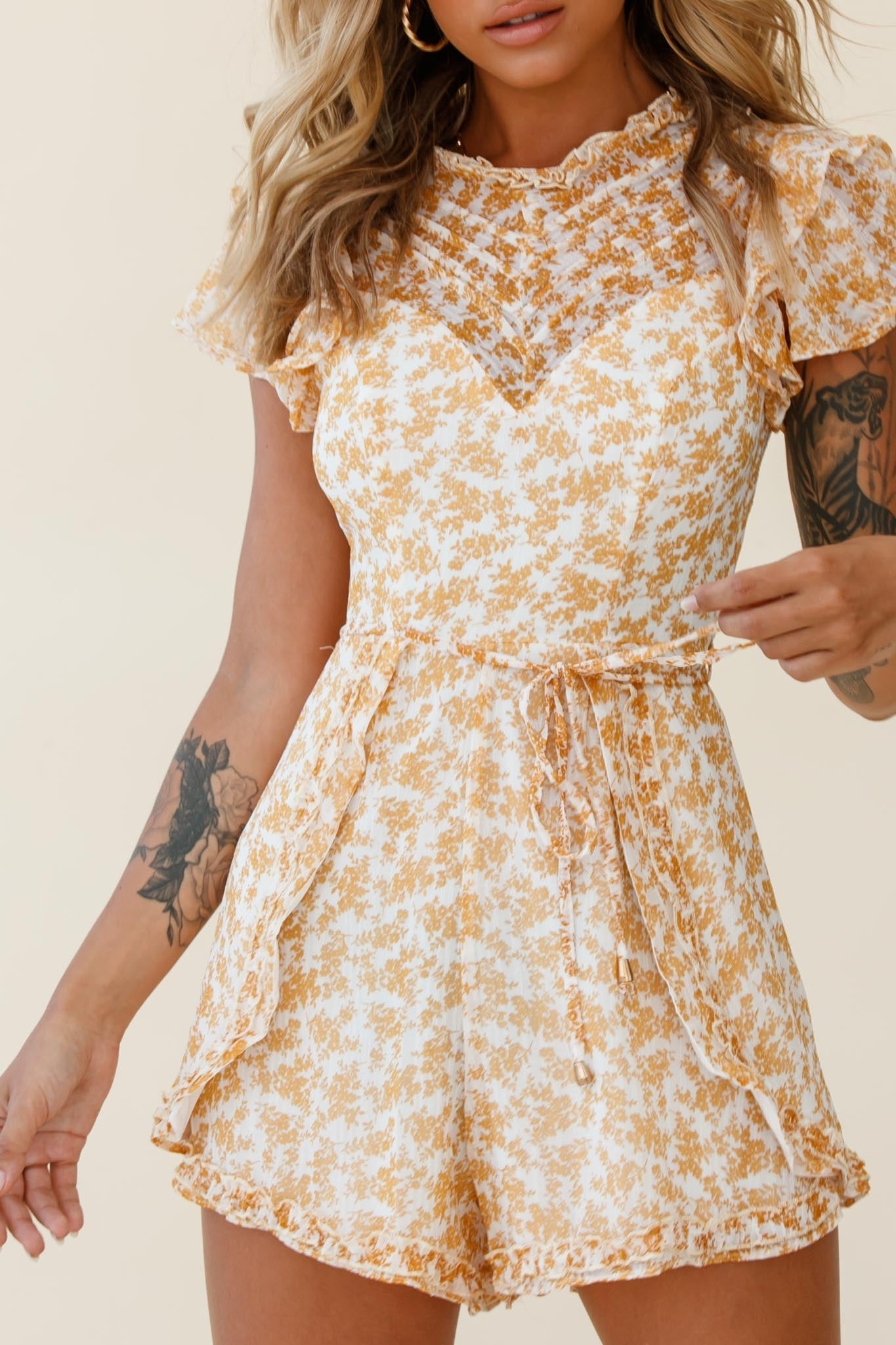 Pomelo Ruffle Sleeve Cut-Out Back Romper Floral Print Yellow by Selfie Leslie