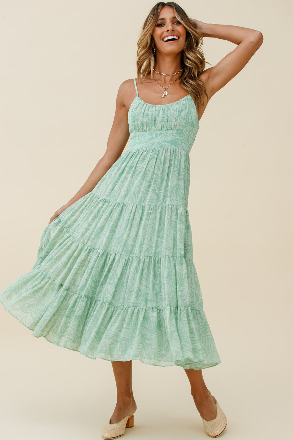 Eternal Sunshine Gathered Bust Maxi Dress Leaf Print Green by Selfie Leslie
