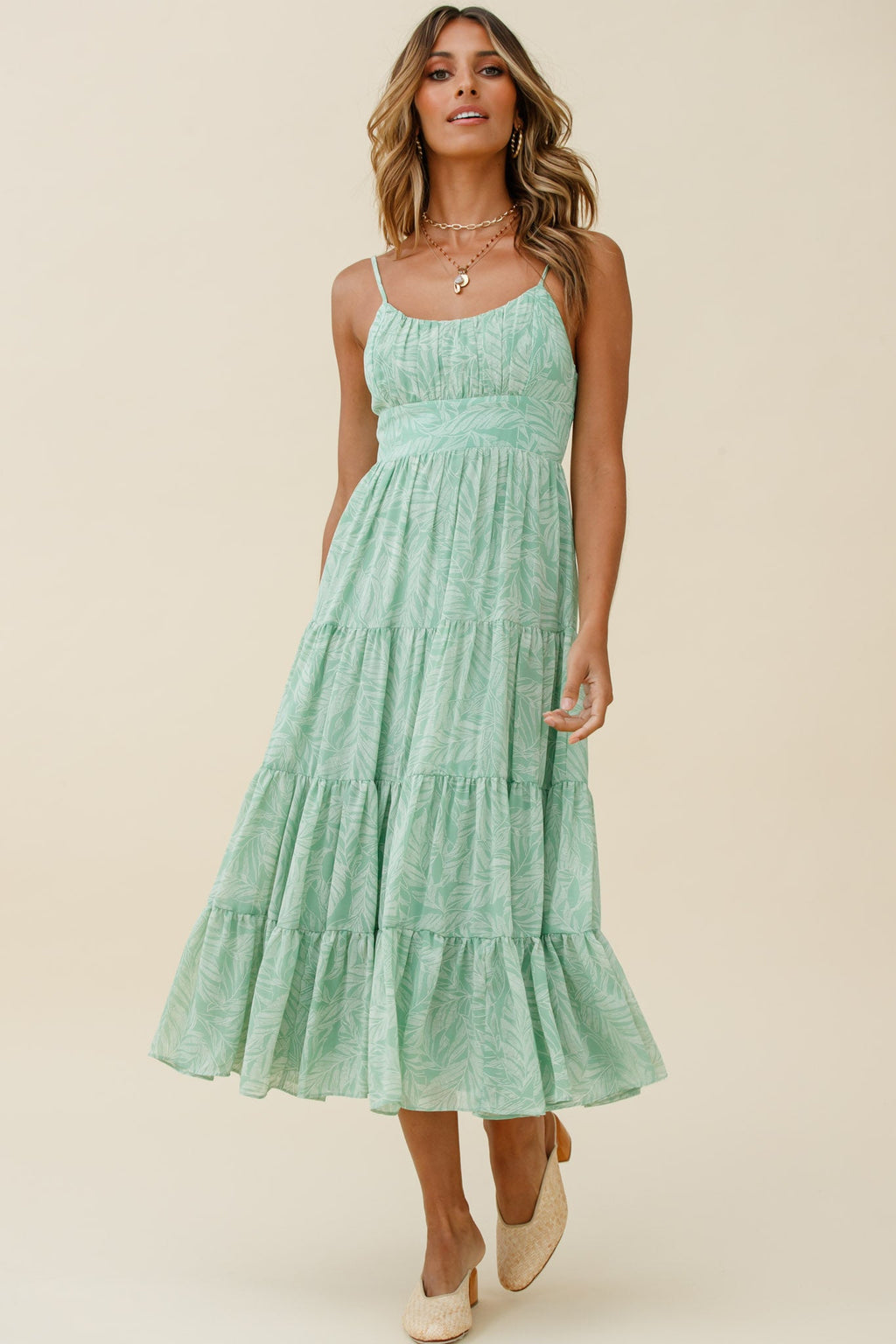 Eternal Sunshine Gathered Bust Maxi Dress Leaf Print Green by Selfie Leslie