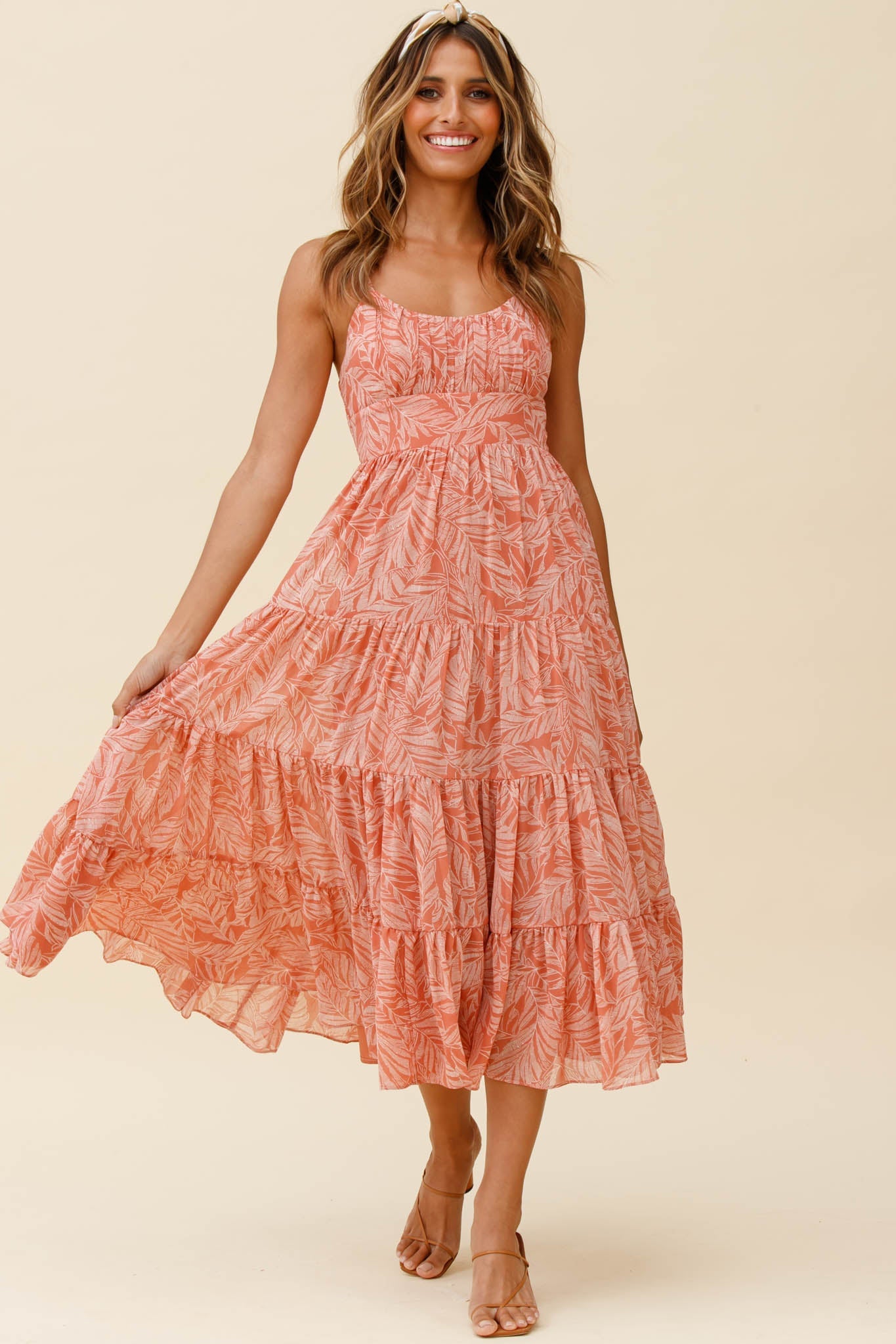 Eternal Sunshine Gathered Bust Maxi Dress Leaf Print Pink by Selfie Leslie