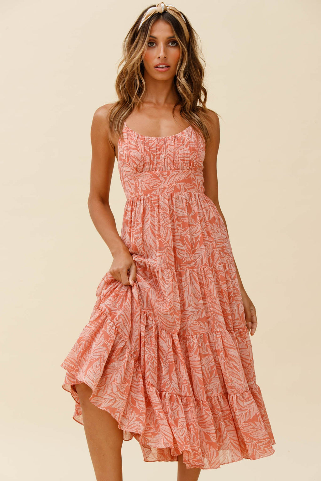 Eternal Sunshine Gathered Bust Maxi Dress Leaf Print Pink by Selfie Leslie