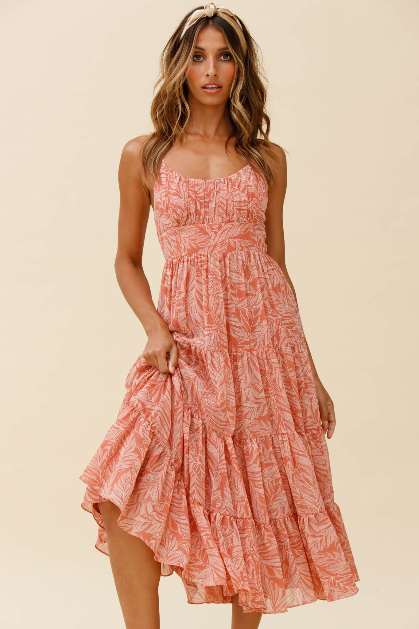 Eternal Sunshine Gathered Bust Maxi Dress Leaf Print Pink by Selfie Leslie