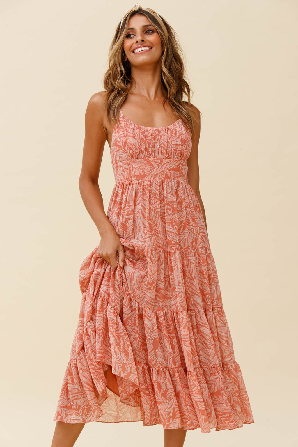 Eternal Sunshine Gathered Bust Maxi Dress Leaf Print Pink by Selfie Leslie
