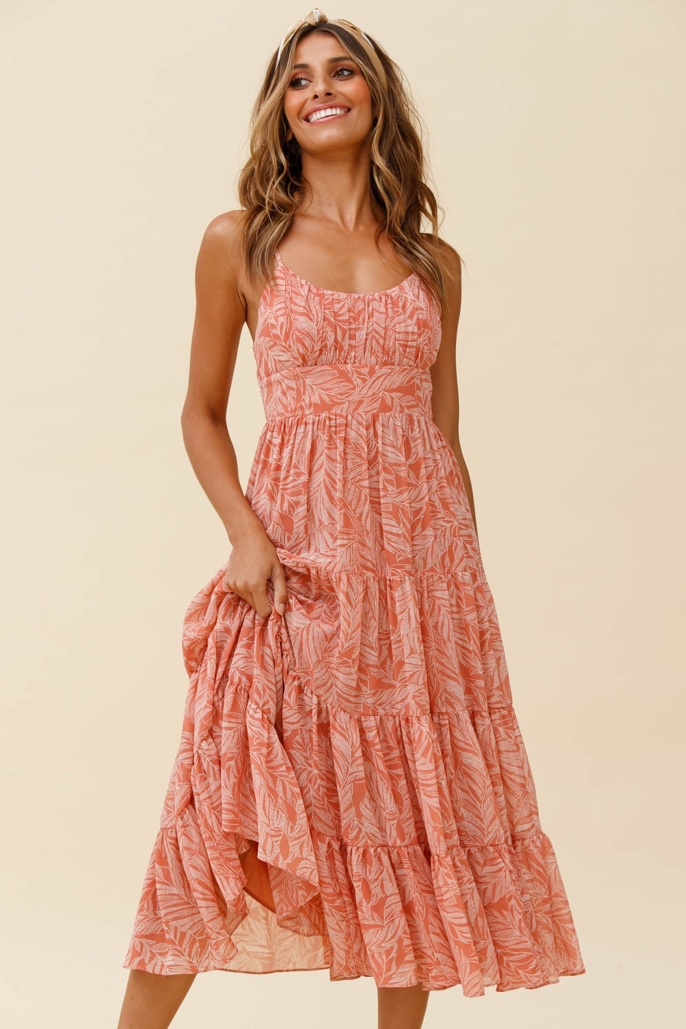 Eternal Sunshine Gathered Bust Maxi Dress Leaf Print Pink by Selfie Leslie