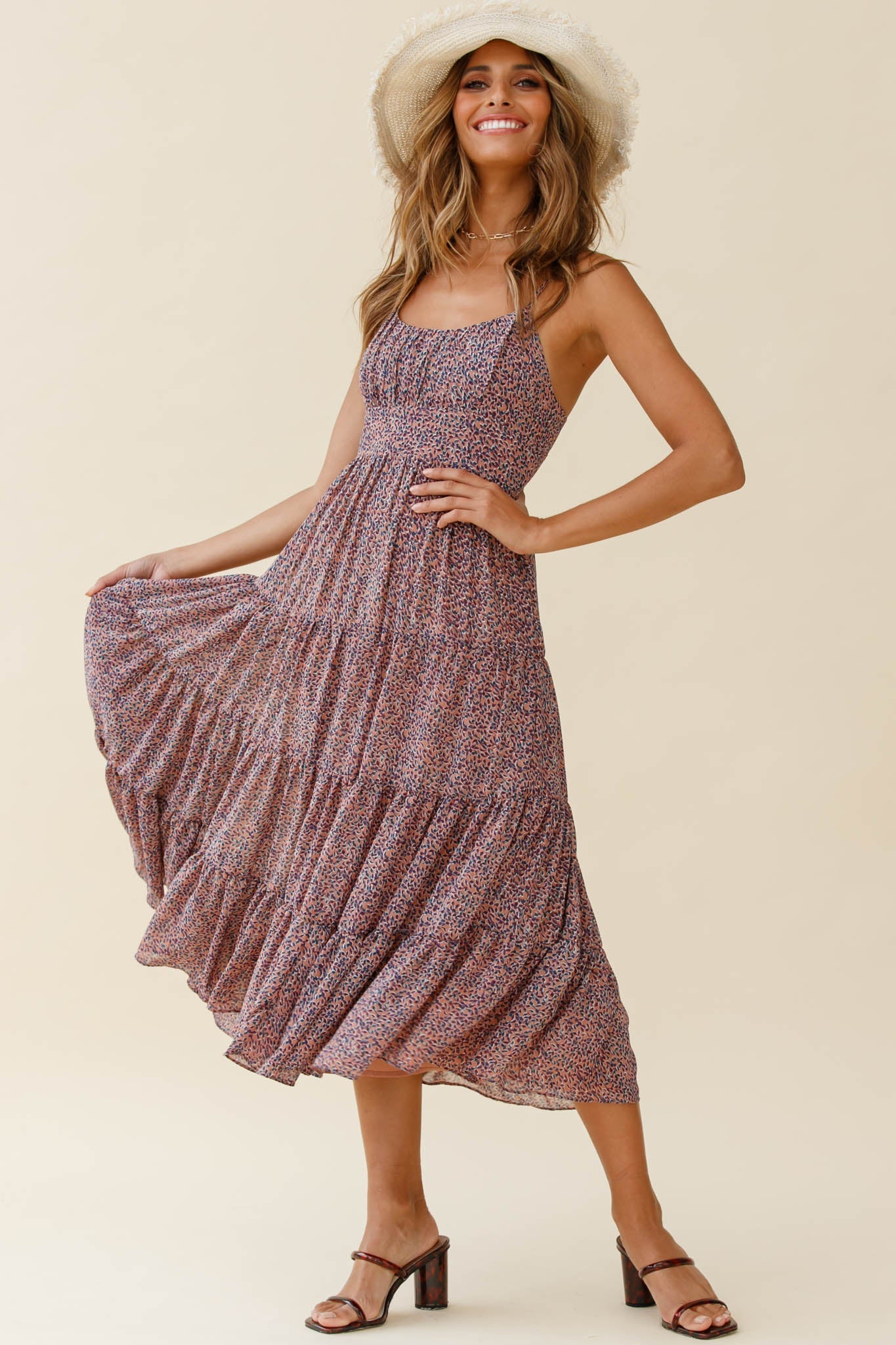 Eternal Sunshine Gathered Bust Midi Dress Leaf Print Purple Multi by Selfie Leslie