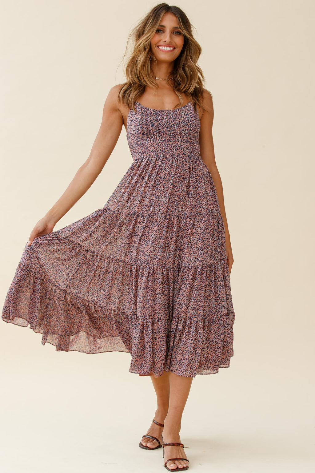Eternal Sunshine Gathered Bust Midi Dress Leaf Print Purple Multi by Selfie Leslie