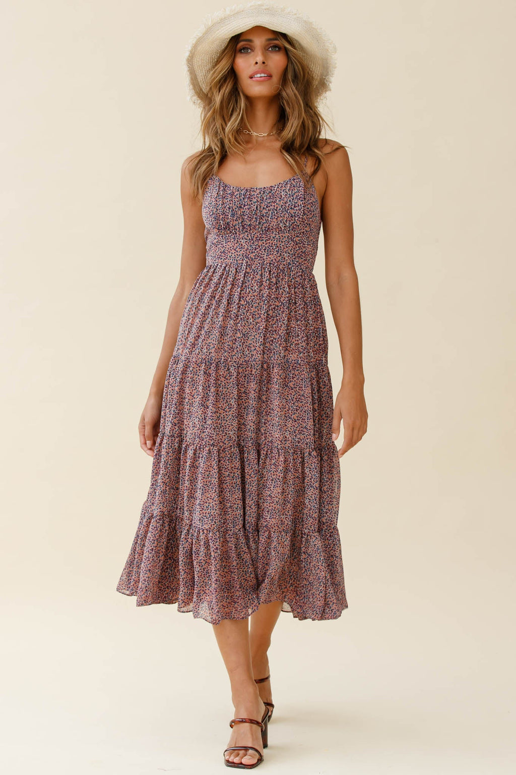 Eternal Sunshine Gathered Bust Midi Dress Leaf Print Purple Multi by Selfie Leslie