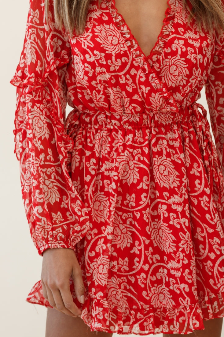 Lima Long Sleeve Drawstring Waist Frill Dress Floral Print Red by Selfie Leslie