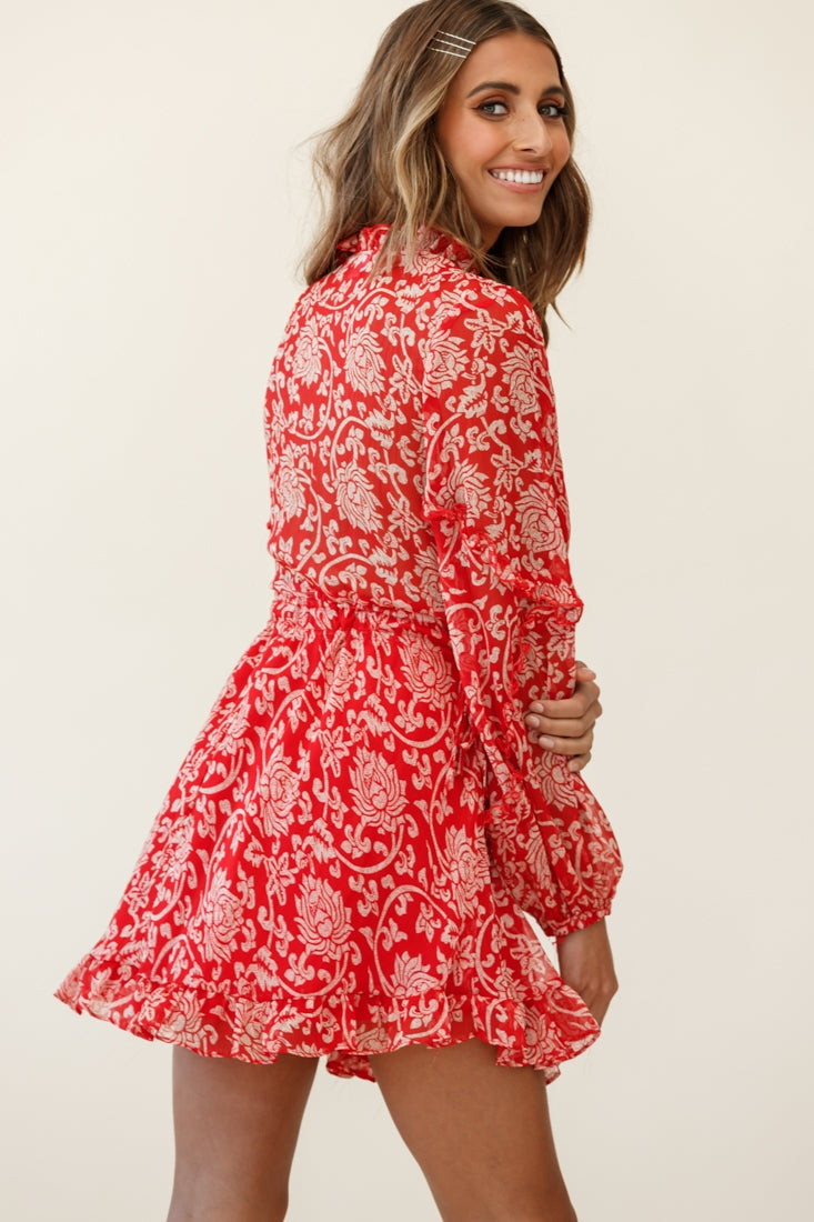 Lima Long Sleeve Drawstring Waist Frill Dress Floral Print Red by Selfie Leslie