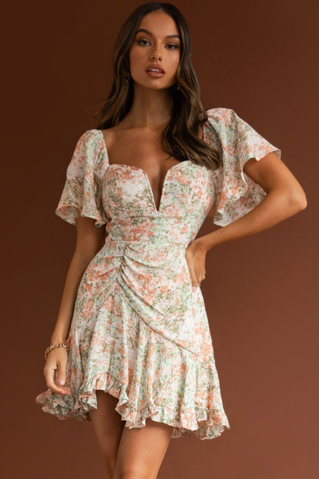 Leona V-Bust Frill Mini Dress Floral Peach by Selfie Leslie
