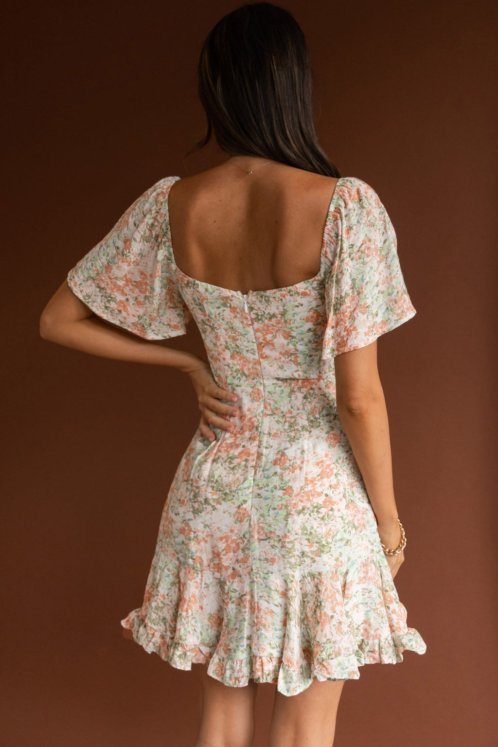 Leona V-Bust Frill Mini Dress Floral Peach by Selfie Leslie