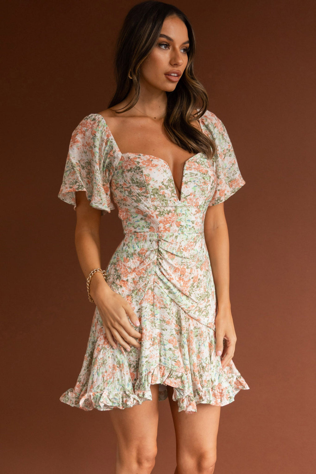 Leona V-Bust Frill Mini Dress Floral Peach by Selfie Leslie