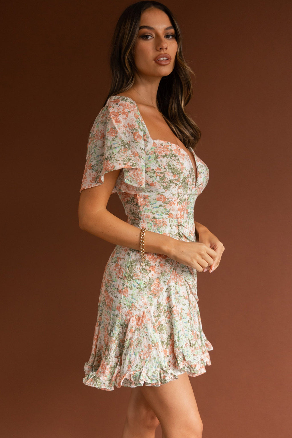 Leona V-Bust Frill Mini Dress Floral Peach by Selfie Leslie