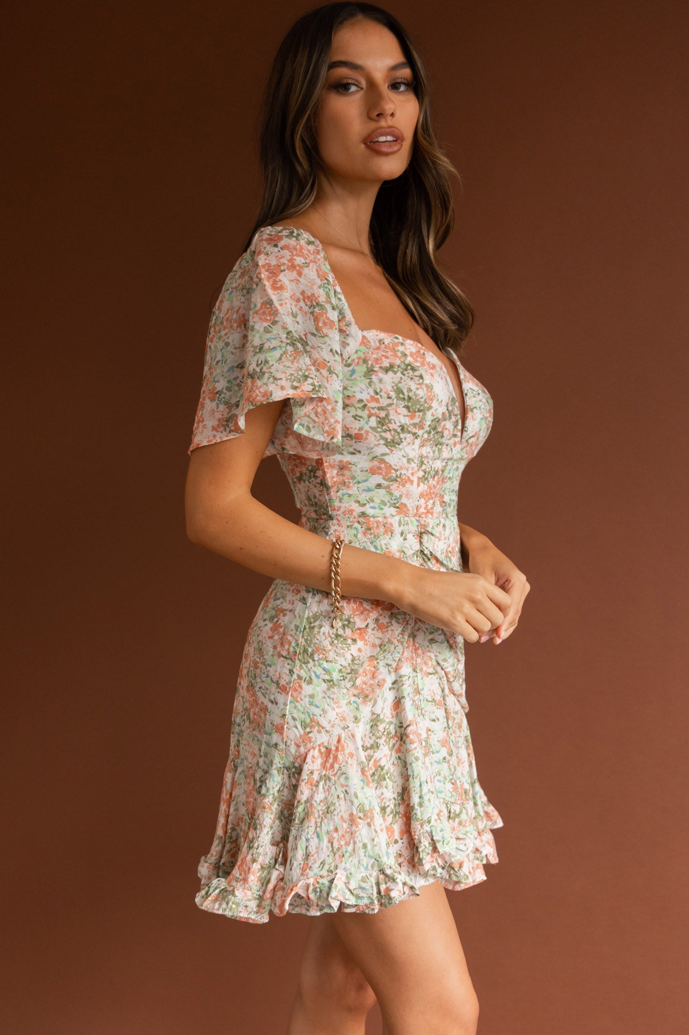 Leona V-Bust Frill Mini Dress Floral Peach by Selfie Leslie