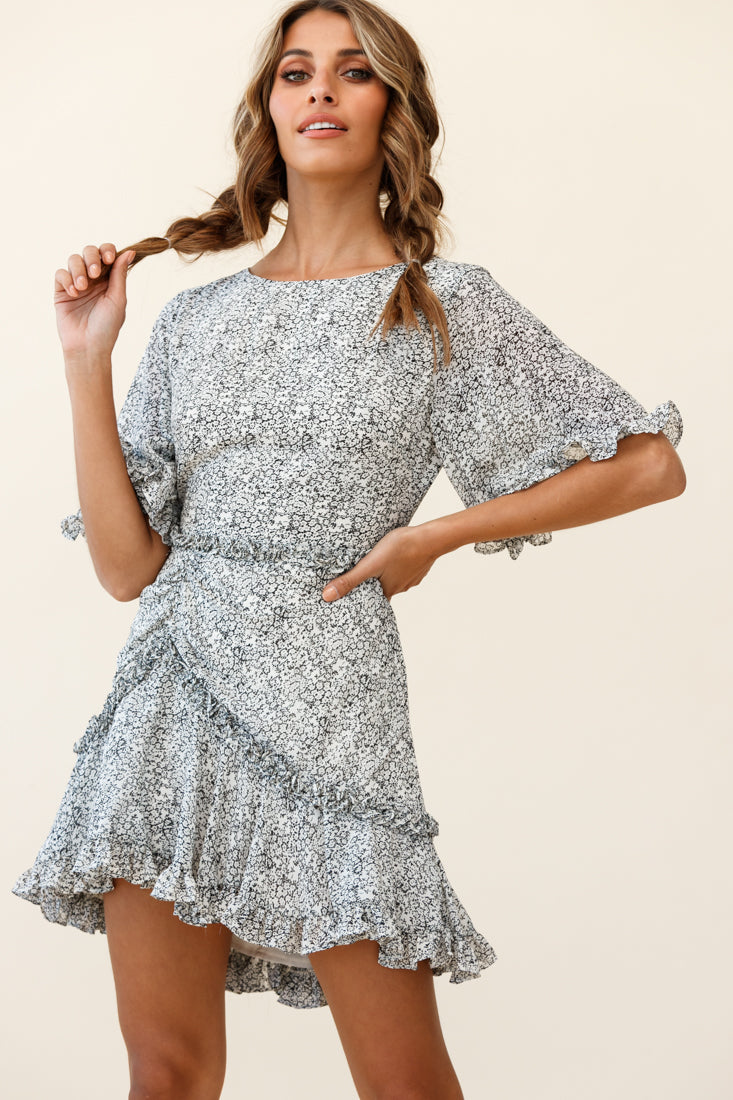 Leona Half Sleeve Frill Trim Dress Floral Print Black by Selfie Leslie