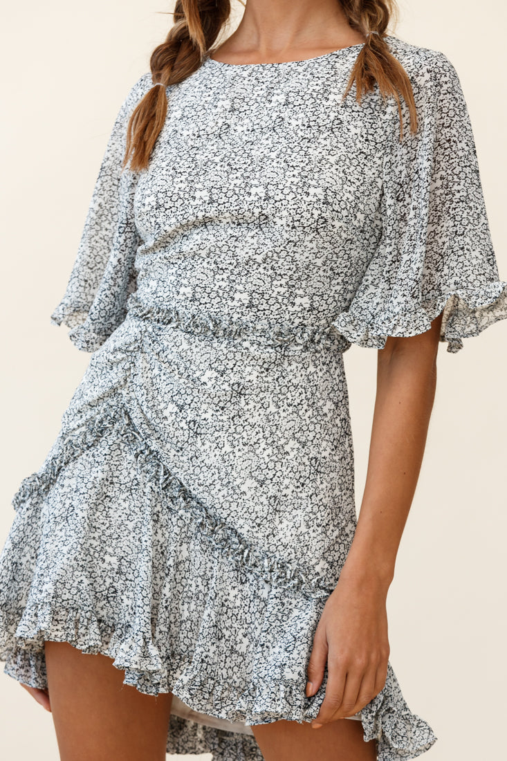 Leona Half Sleeve Frill Trim Dress Floral Print Black by Selfie Leslie