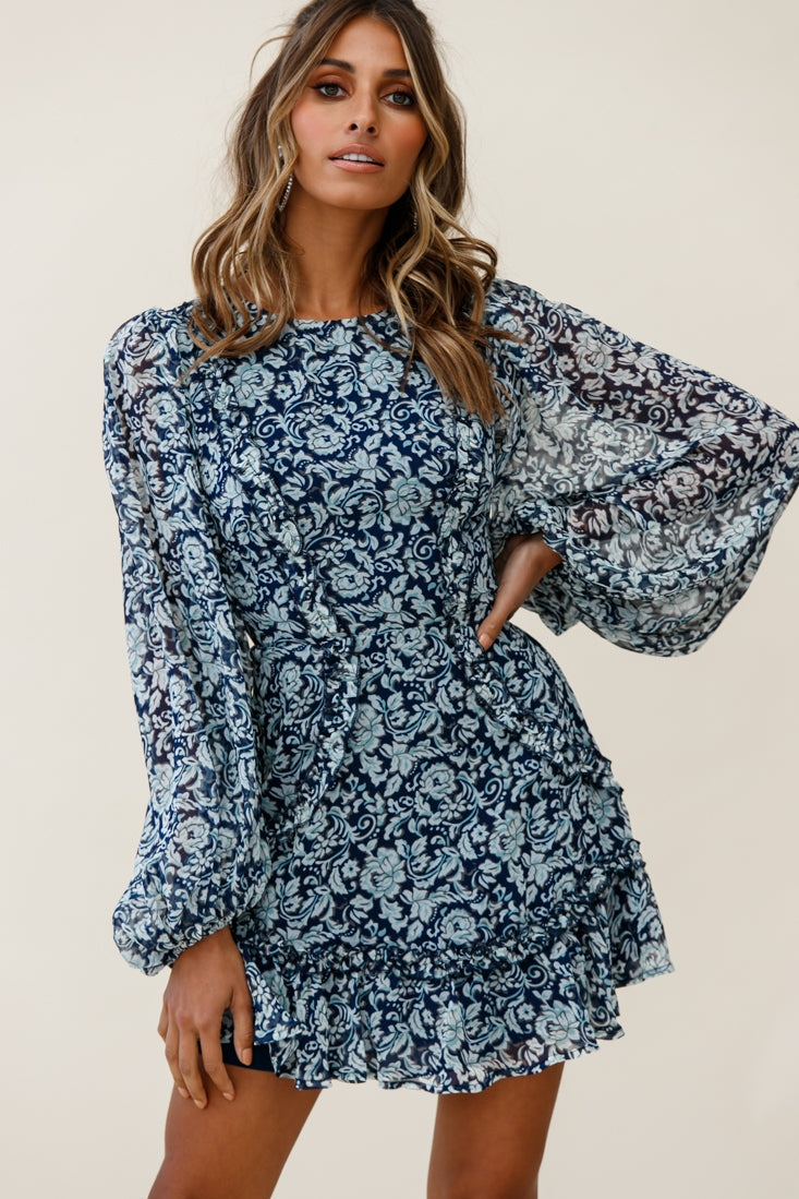 Mirabelle Long Balloon Sleeve Ruffle Hem Dress Floral Print Navy by Selfie Leslie