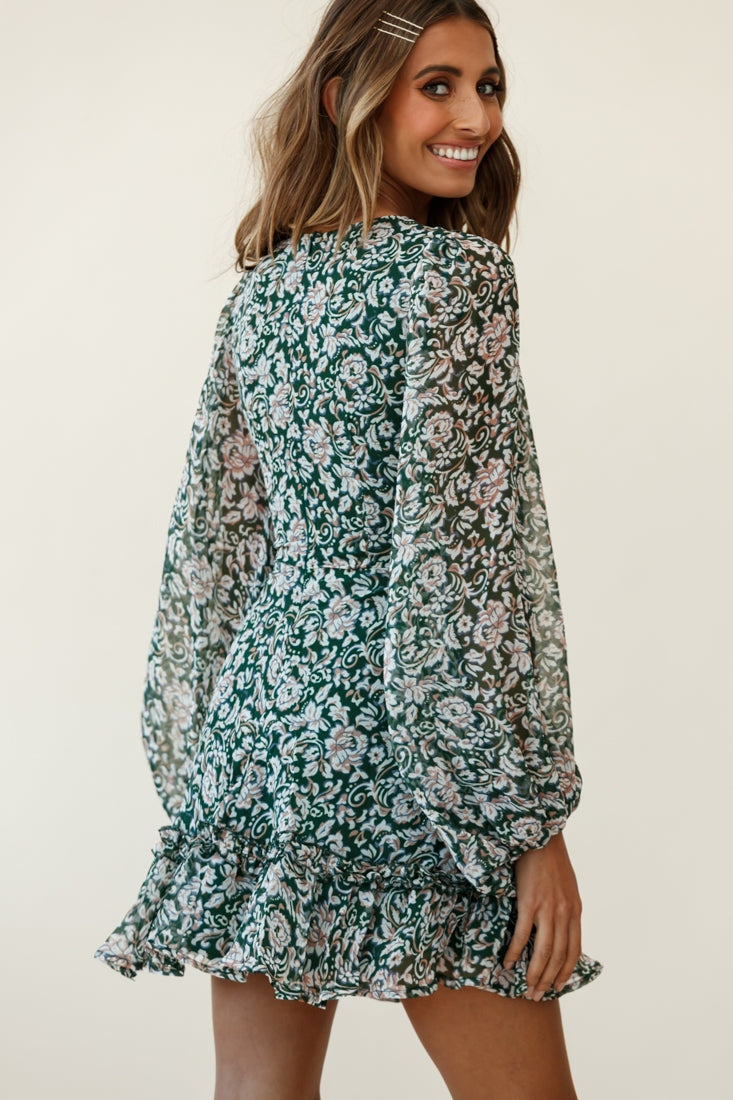 Mirabelle Long Balloon Sleeve Ruffle Hem Dress Floral Print Olive by Selfie Leslie