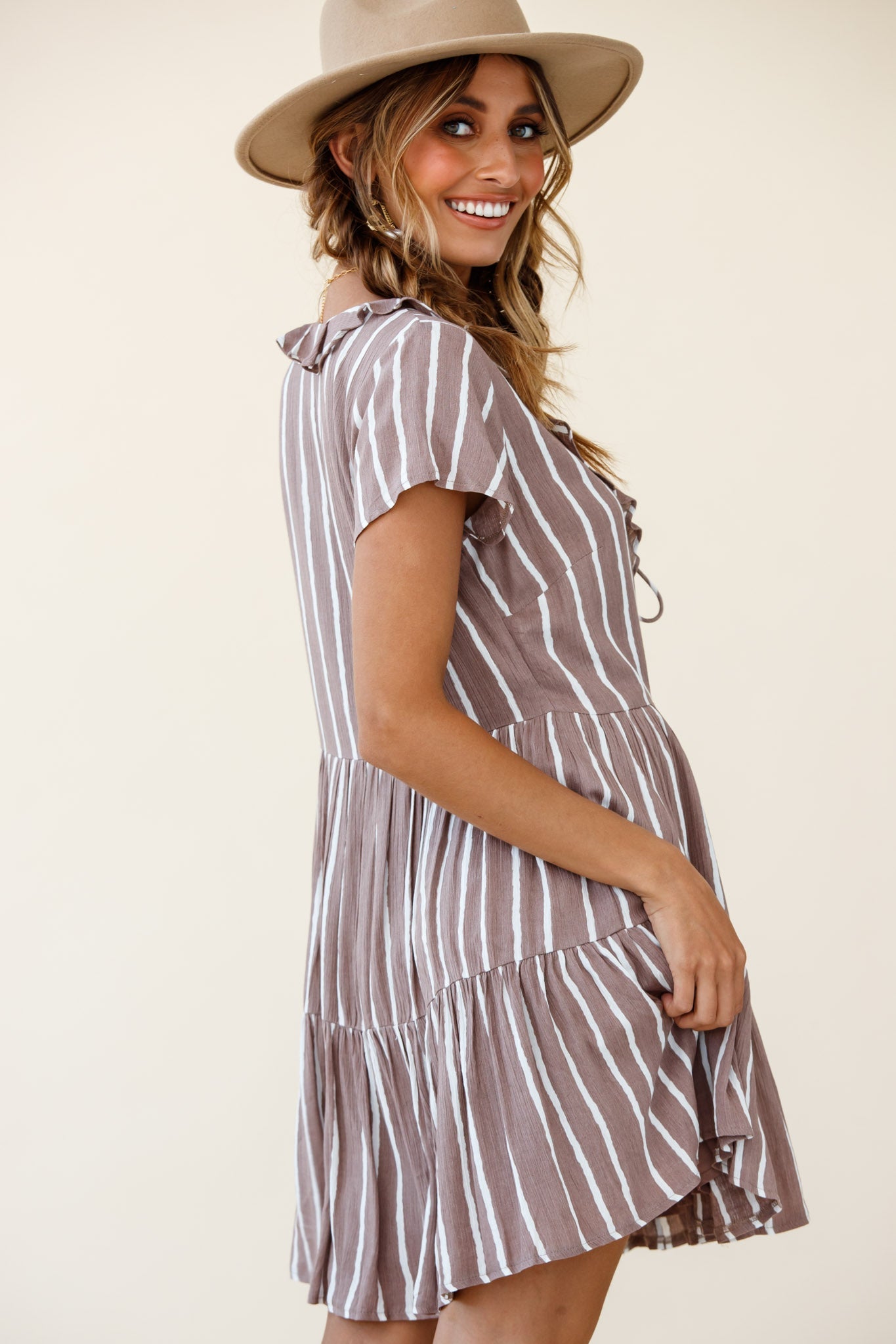 Silverlake Short Sleeve Loose Fit Dress Stripe Print Mocha by Selfie Leslie