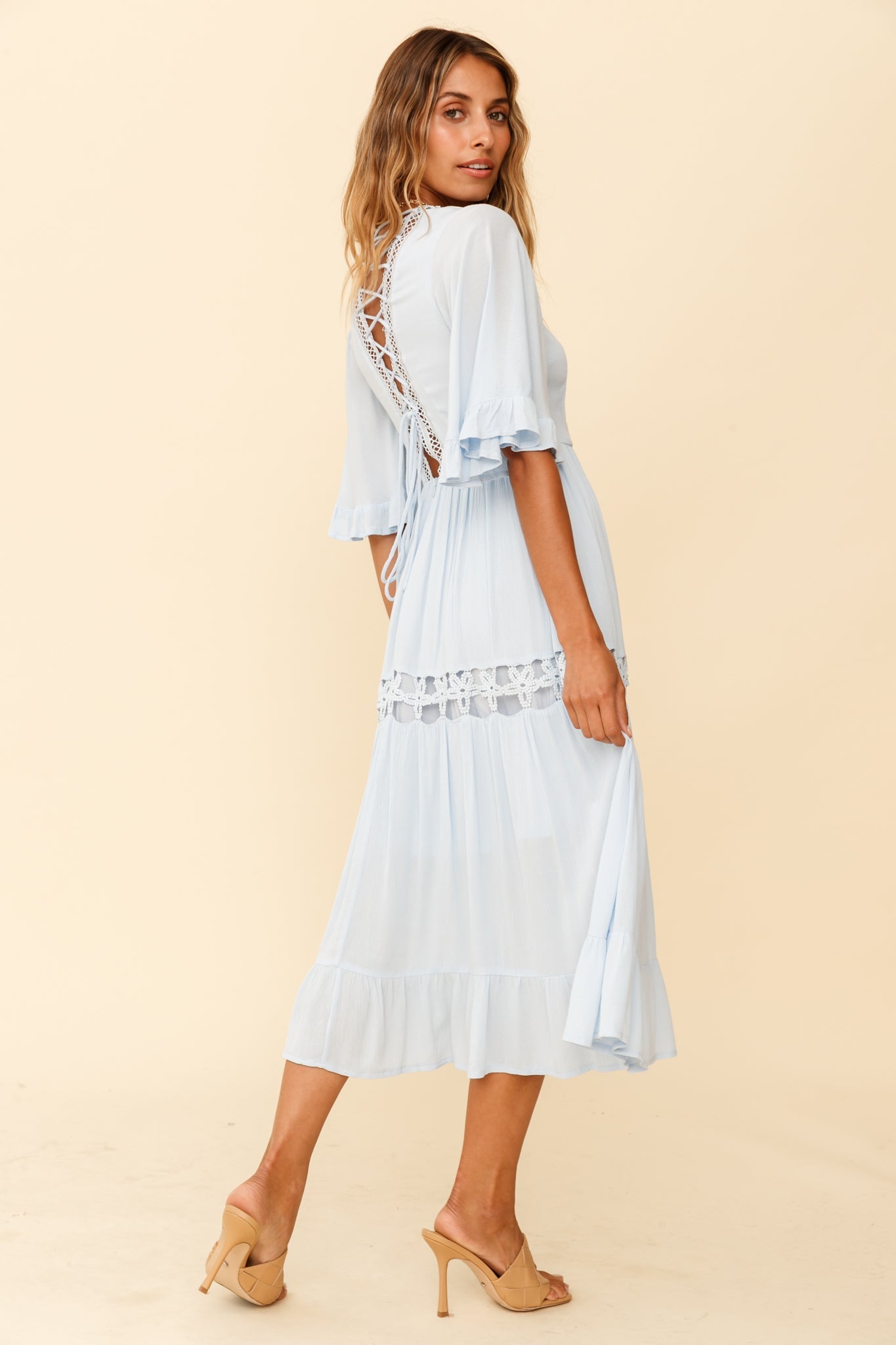 Feeling Groovy Bell Sleeve Crochet Trim Maxi Dress Ice Blue by Selfie Leslie