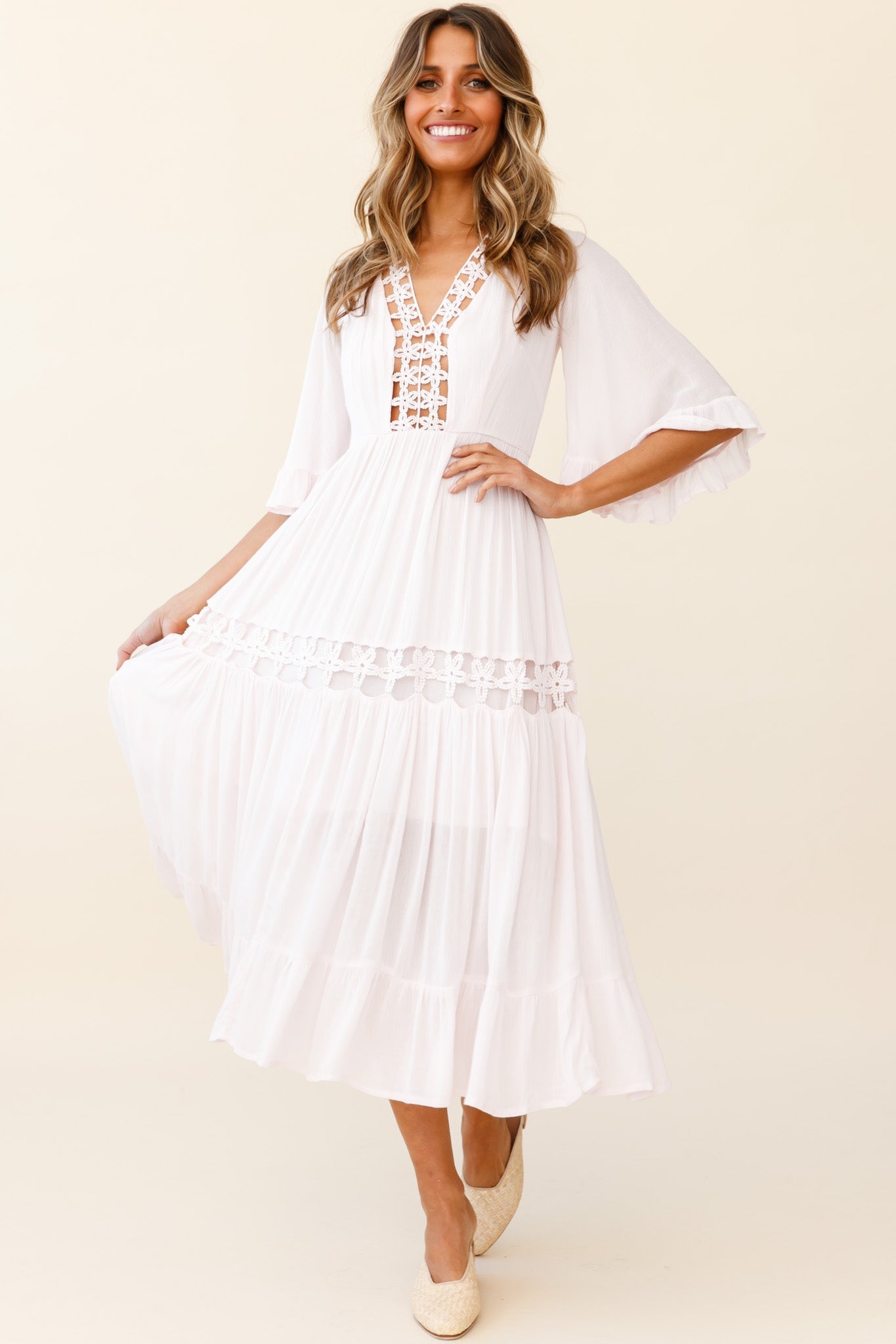 Feeling Groovy Bell Sleeve Crochet Trim Maxi Dress Pink by Selfie Leslie