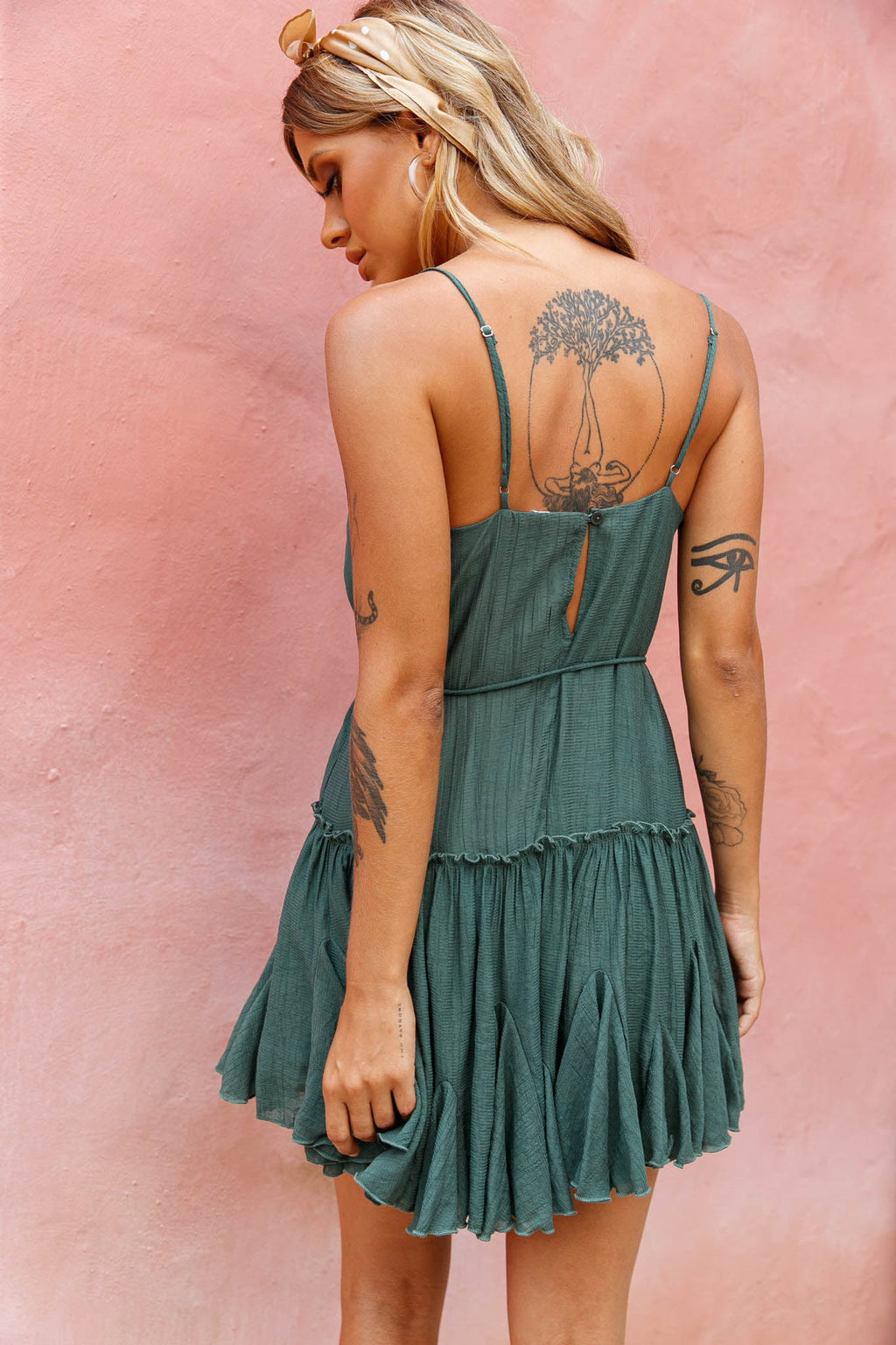 Rosabel Spaghetti Strap Fluted Hem Dress Green by Selfie Leslie