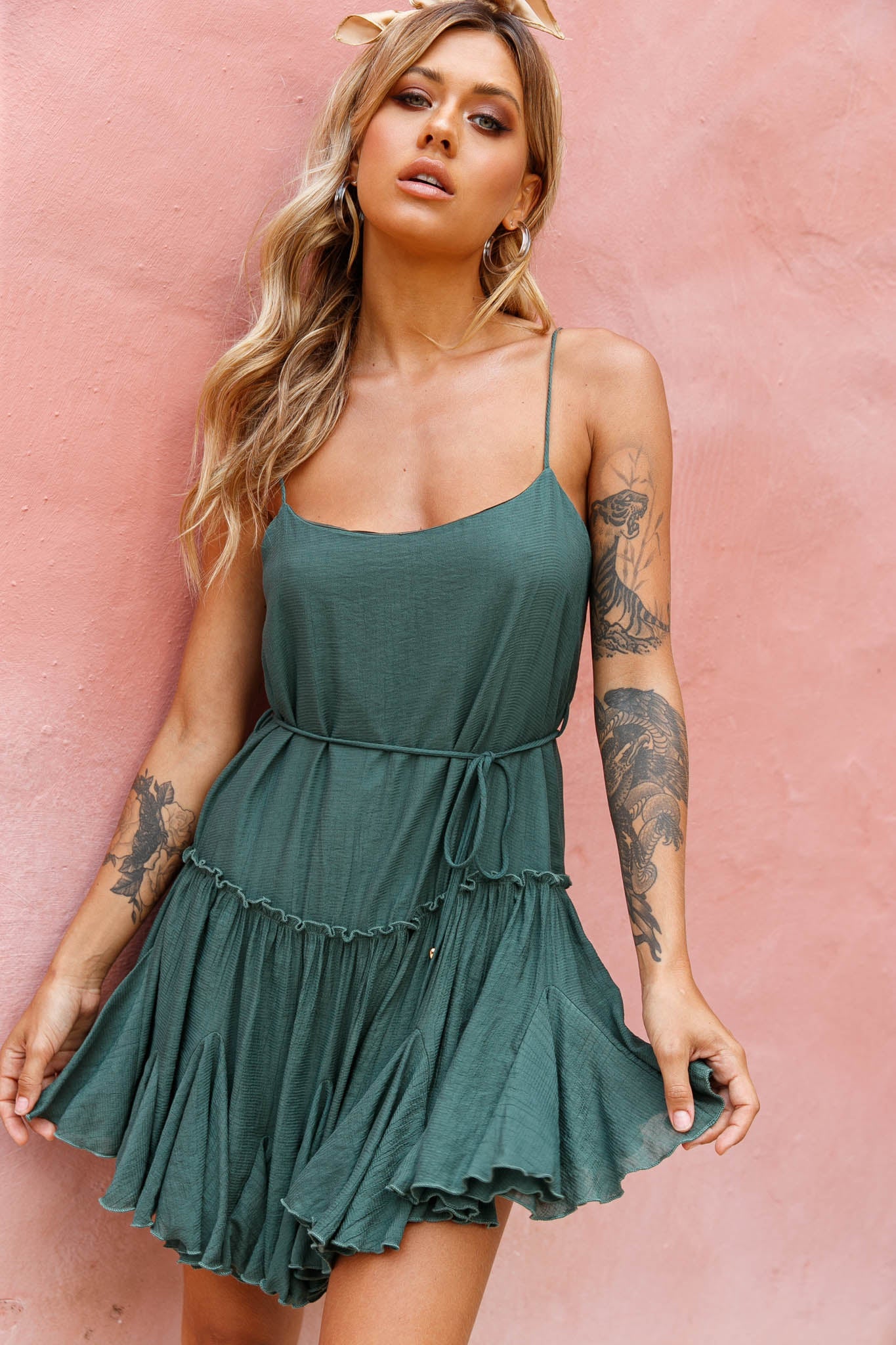 Rosabel Spaghetti Strap Fluted Hem Dress Green by Selfie Leslie