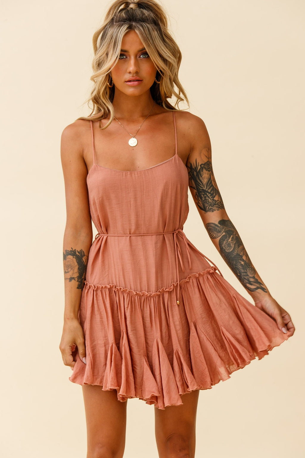 Rosabel Spaghetti Strap Fluted Hem Dress Rose by Selfie Leslie