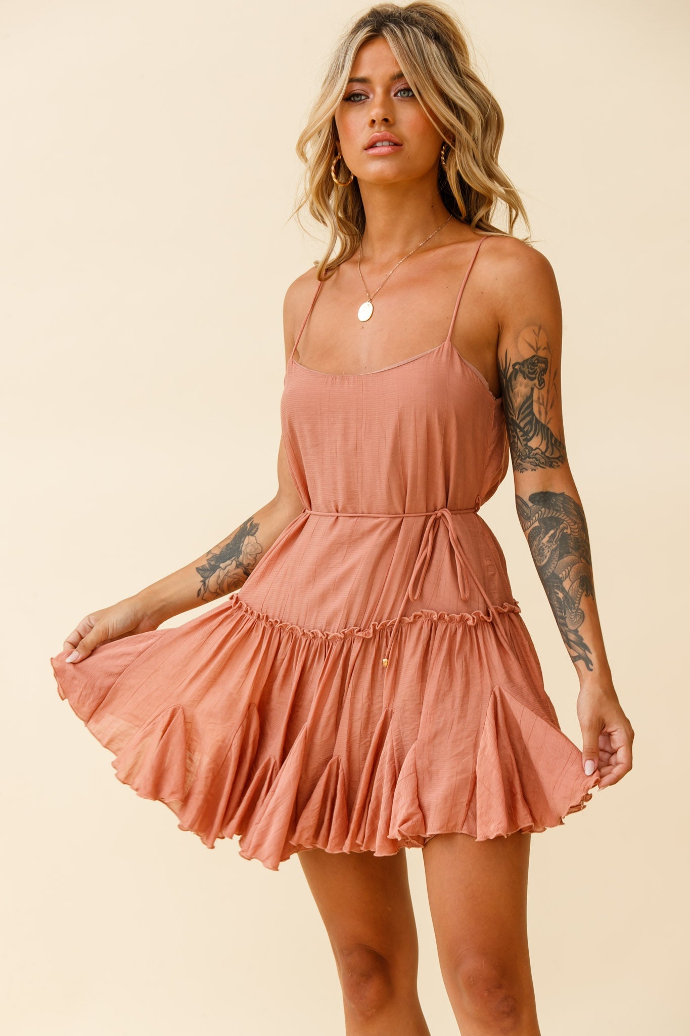Rosabel Spaghetti Strap Fluted Hem Dress Rose by Selfie Leslie