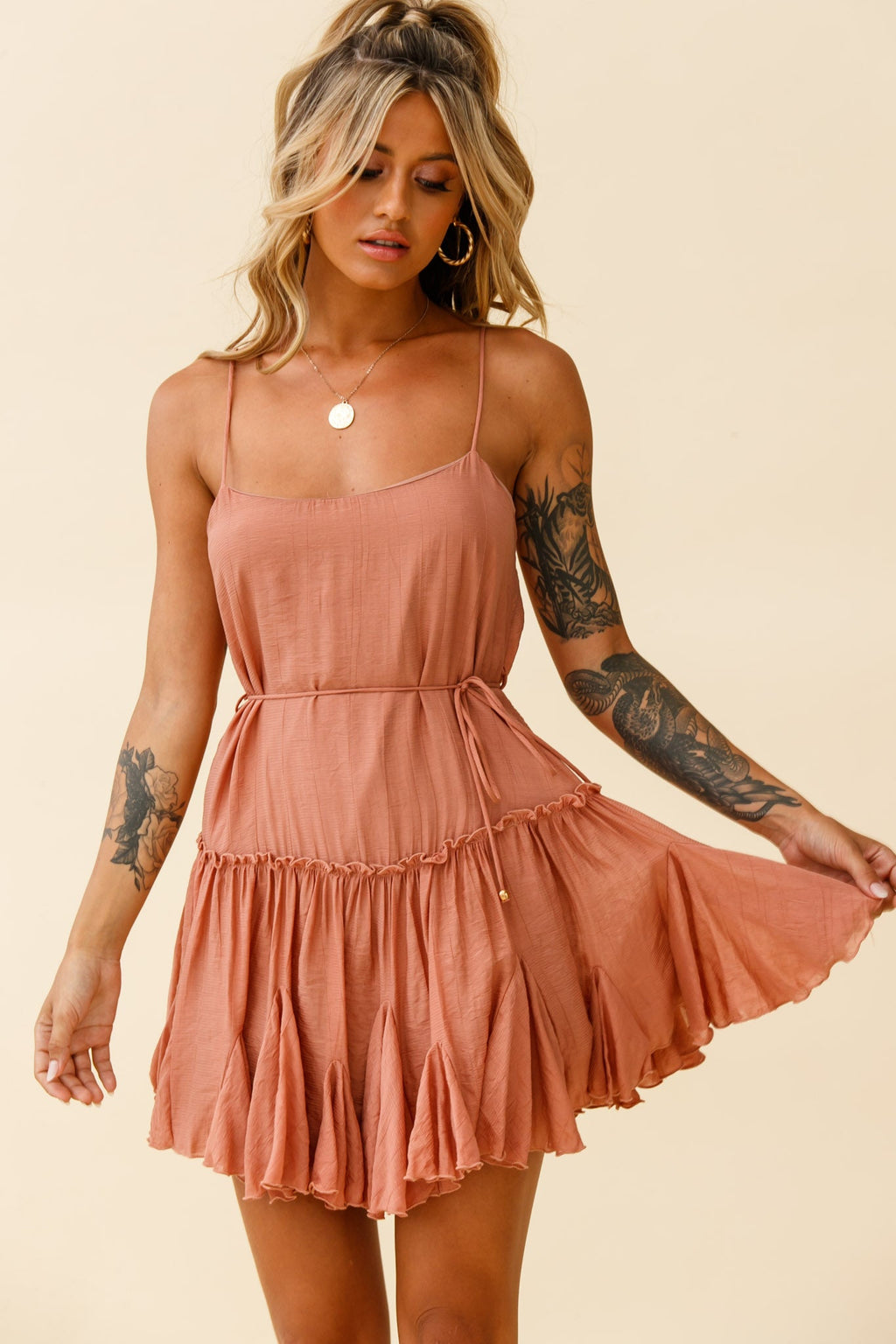 Rosabel Spaghetti Strap Fluted Hem Dress Rose by Selfie Leslie