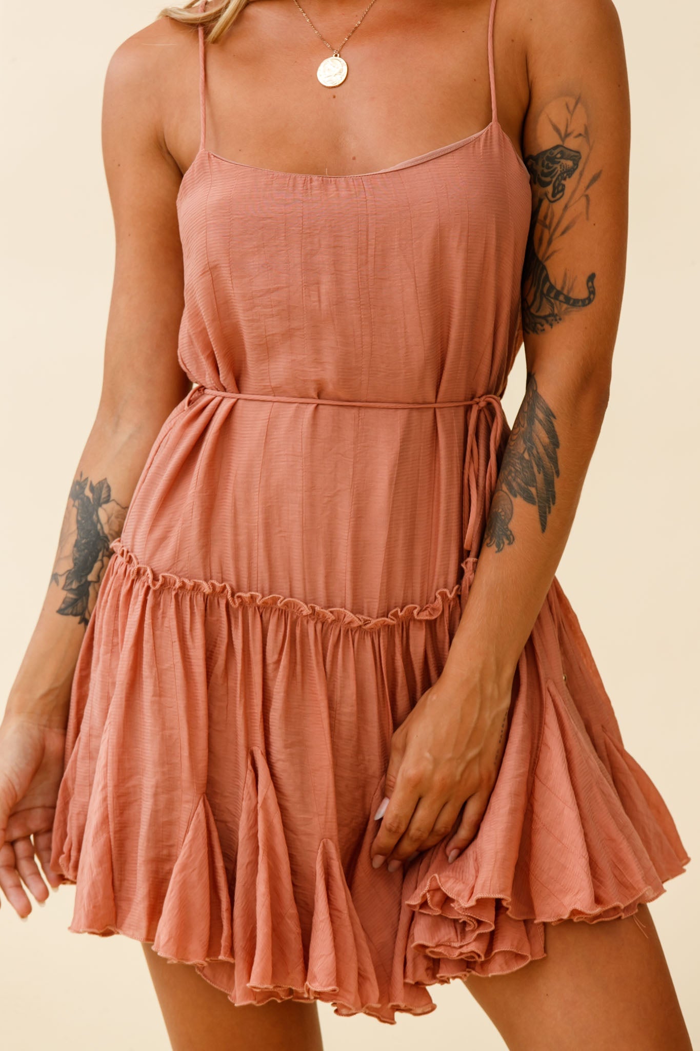 Rosabel Spaghetti Strap Fluted Hem Dress Rose by Selfie Leslie