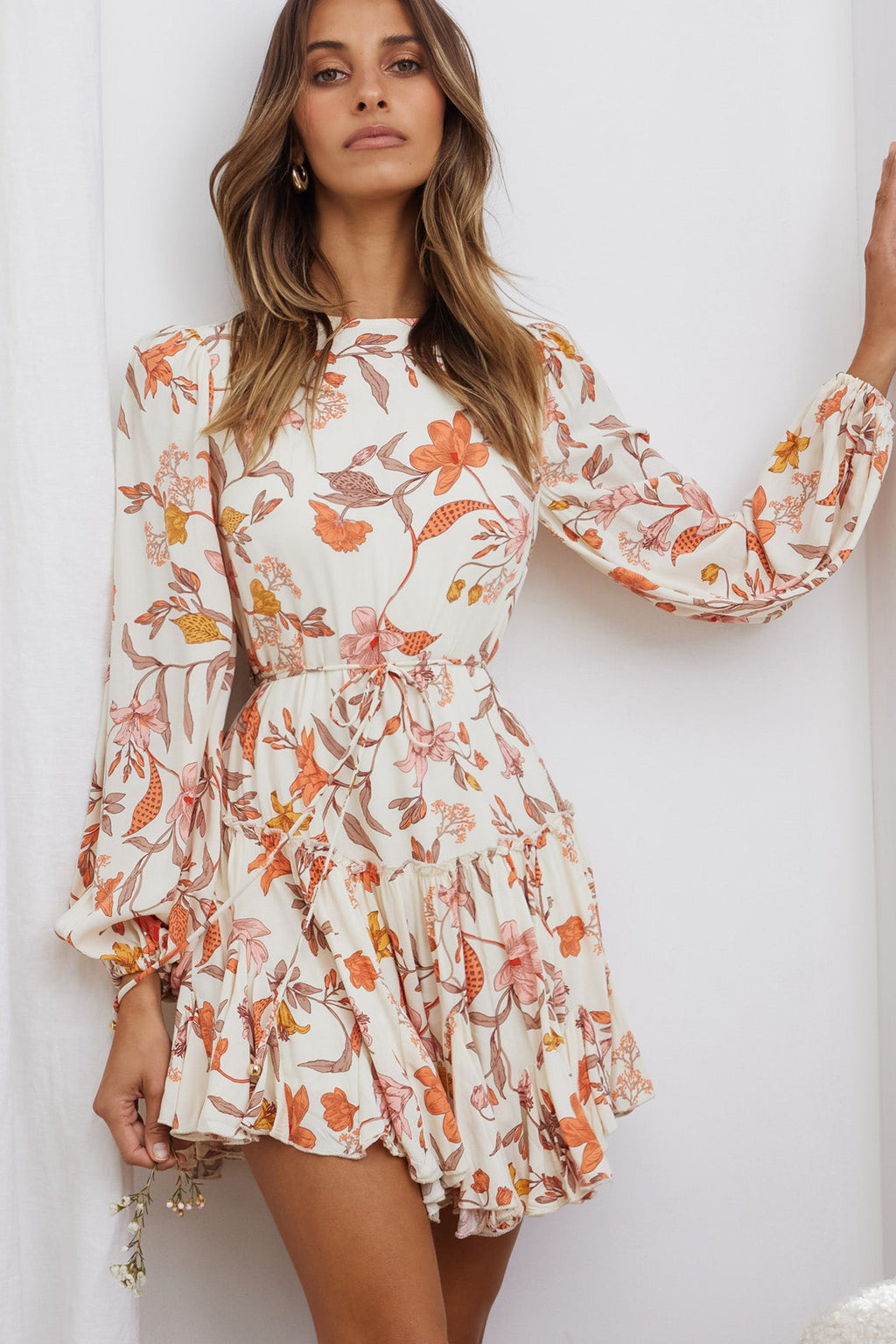 Rosabel Balloon Sleeve Fluted Hem Dress Vintage Floral Print Beige by Selfie Leslie