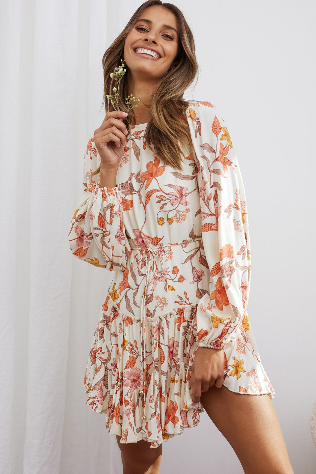 Rosabel Balloon Sleeve Fluted Hem Dress Vintage Floral Print Beige by Selfie Leslie