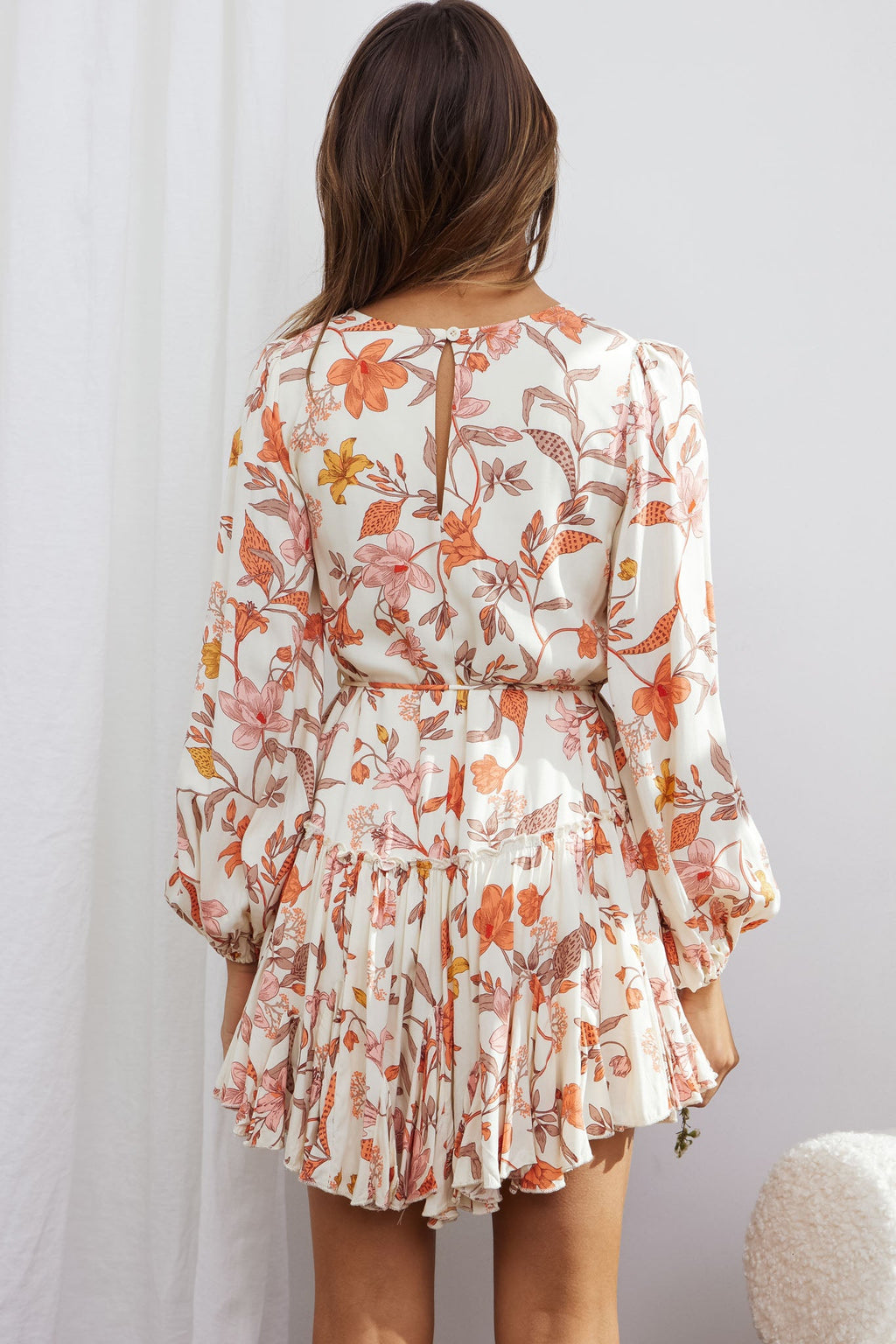 Rosabel Balloon Sleeve Fluted Hem Dress Vintage Floral Print Beige by Selfie Leslie