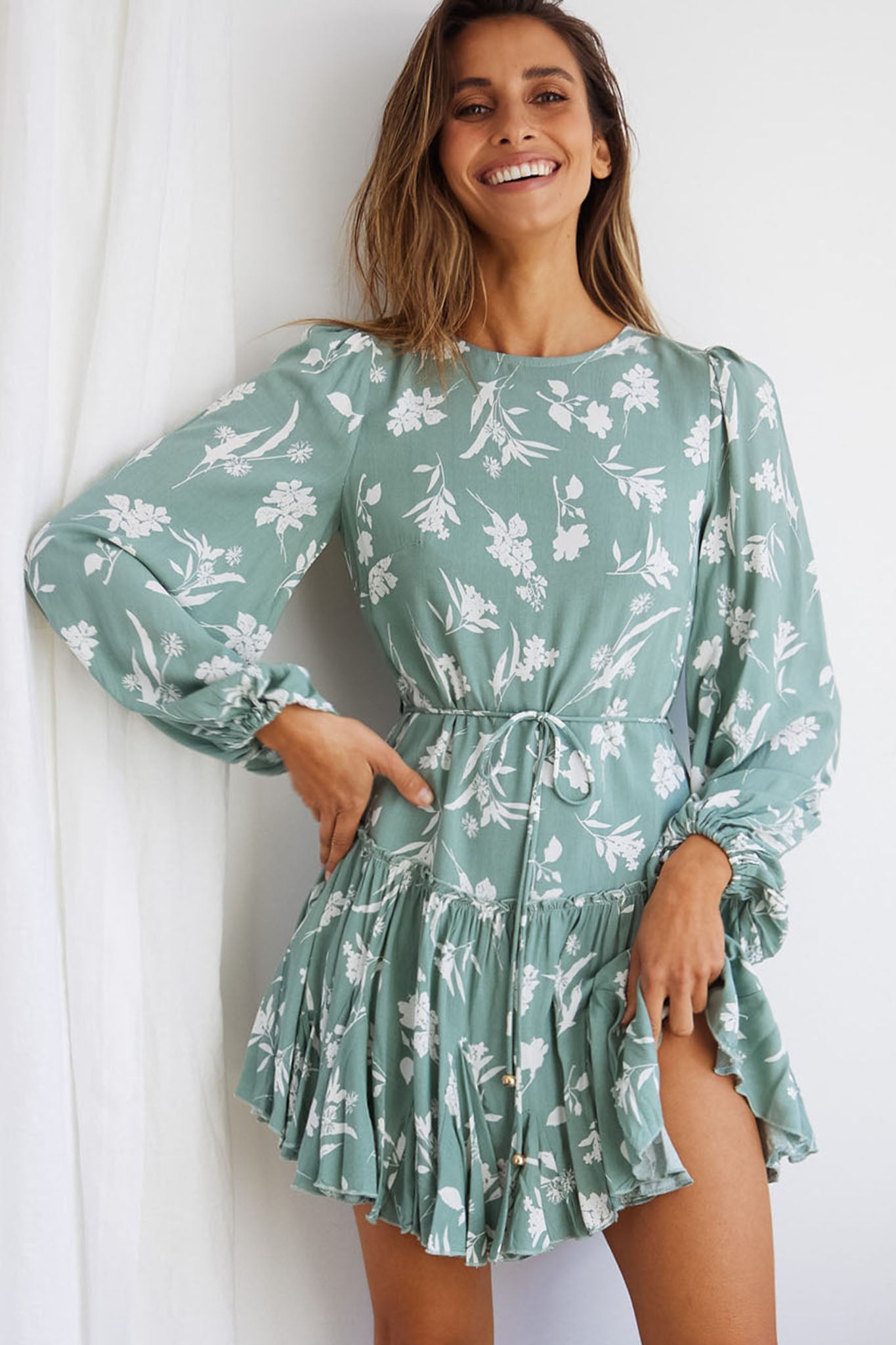 Rosabel Balloon Sleeve Fluted Hem Dress Botanic Print Sage by Selfie Leslie
