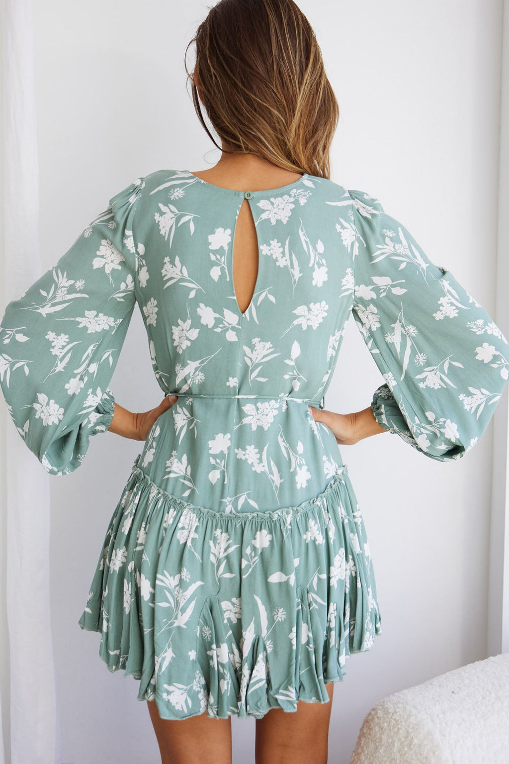 Rosabel Balloon Sleeve Fluted Hem Dress Botanic Print Sage by Selfie Leslie