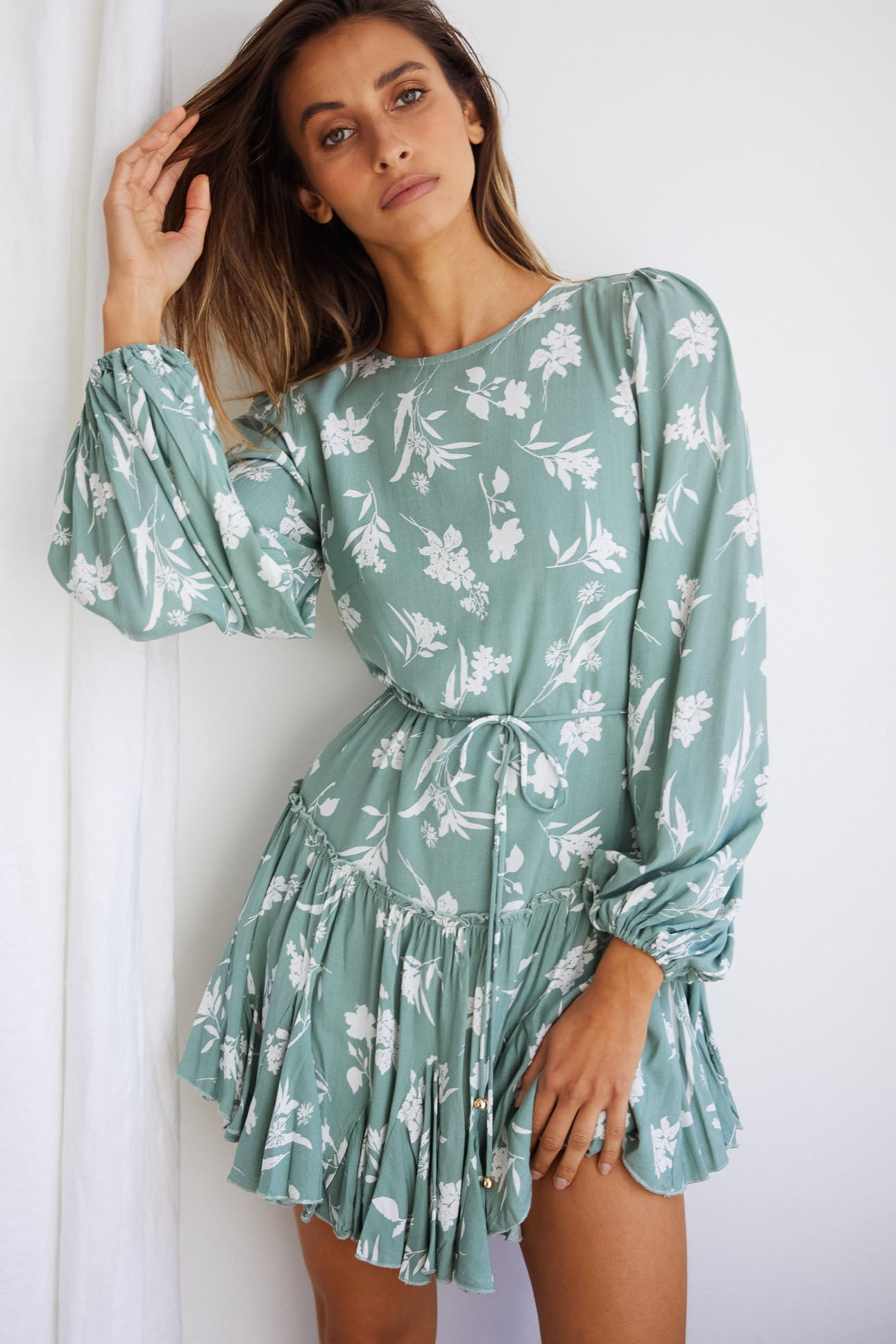 Rosabel Balloon Sleeve Fluted Hem Dress Botanic Print Sage by Selfie Leslie