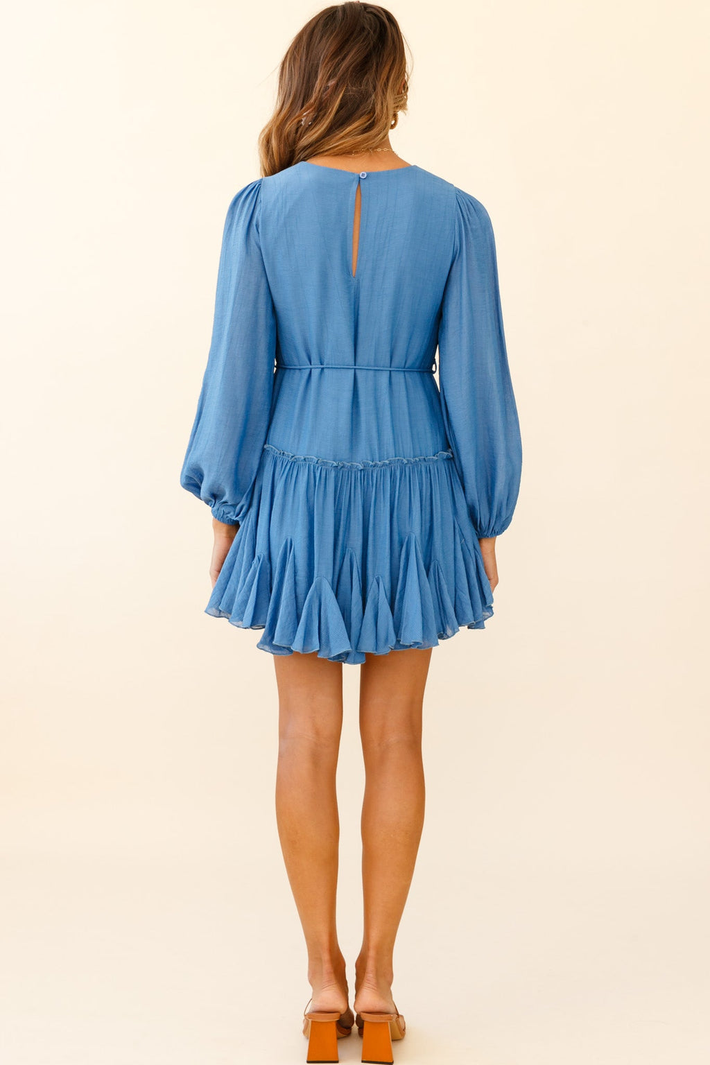 Rosabel Balloon Sleeve Fluted Hem Dress Denim Blue by Selfie Leslie