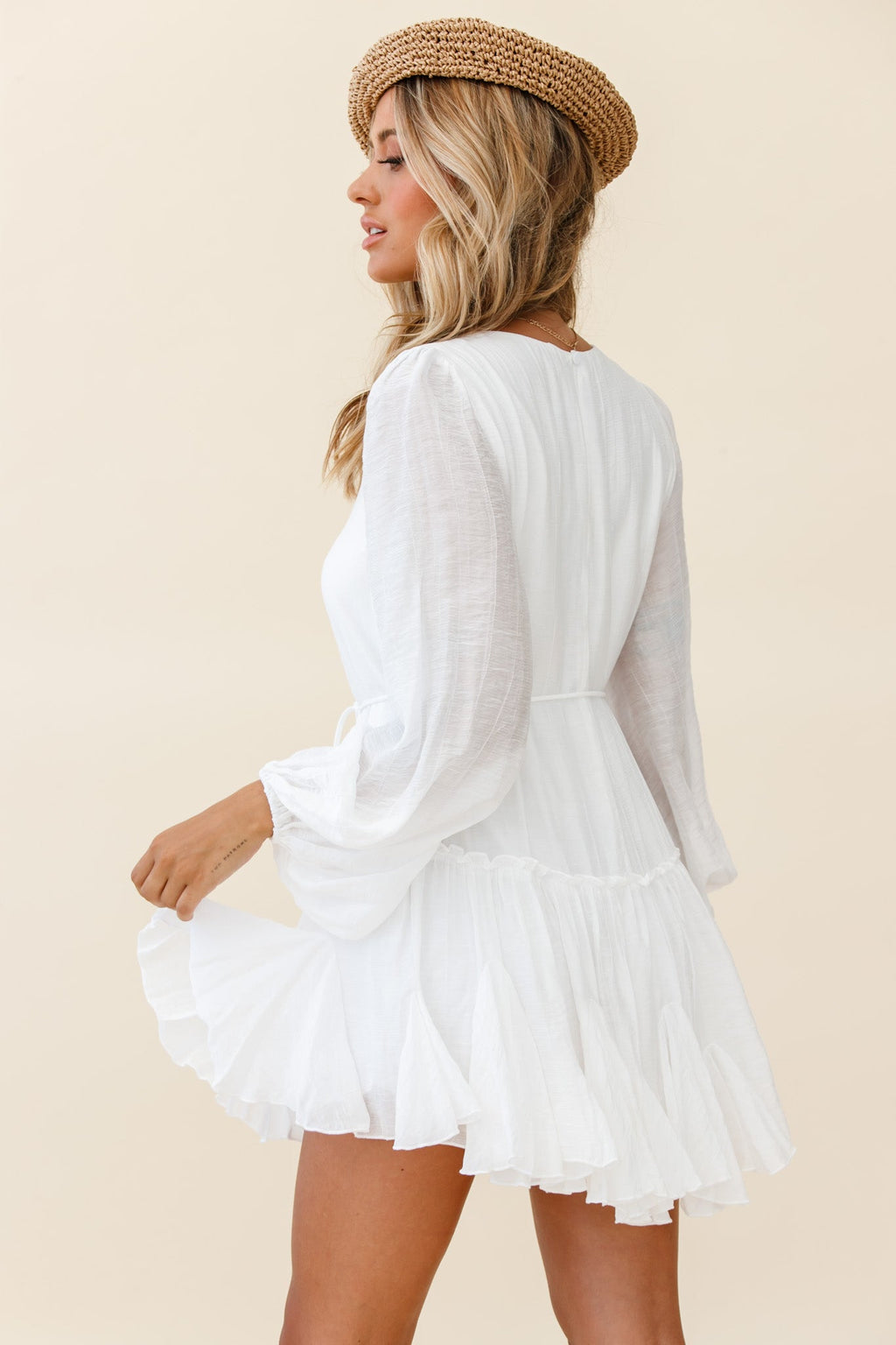 Rosabel Balloon Sleeve Fluted Hem Dress White by Selfie Leslie