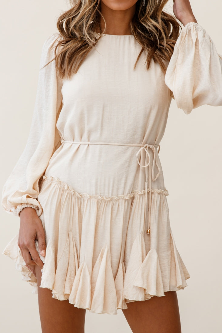 Rosabel Balloon Sleeve Fluted Hem Dress Beige by Selfie Leslie
