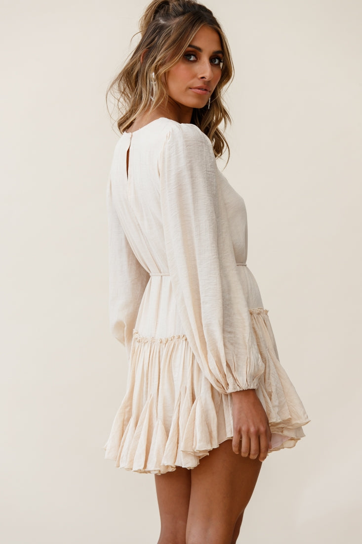 Rosabel Balloon Sleeve Fluted Hem Dress Beige by Selfie Leslie