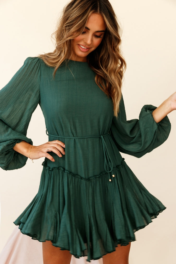 Rosabel Balloon Sleeve Fluted Hem Dress Green by Selfie Leslie