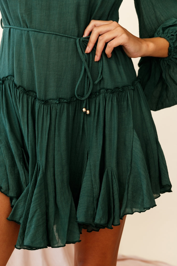 Rosabel Balloon Sleeve Fluted Hem Dress Green by Selfie Leslie