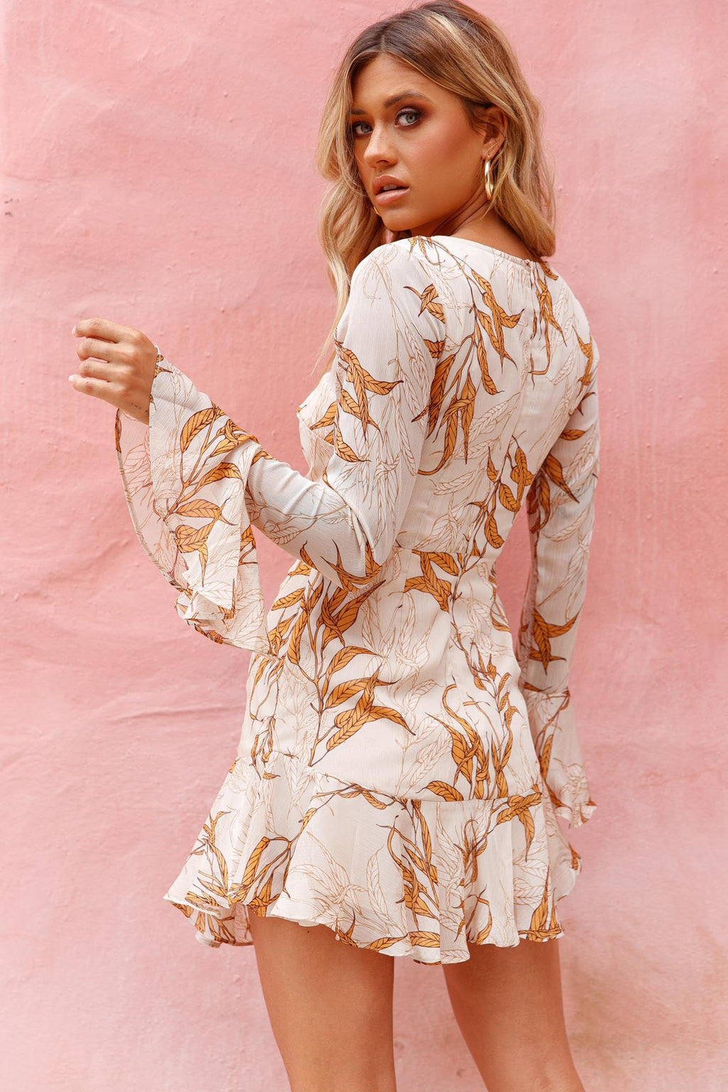 Adalia Long Sleeve Flared Cuff Dress Leaf Print Beige by Selfie Leslie