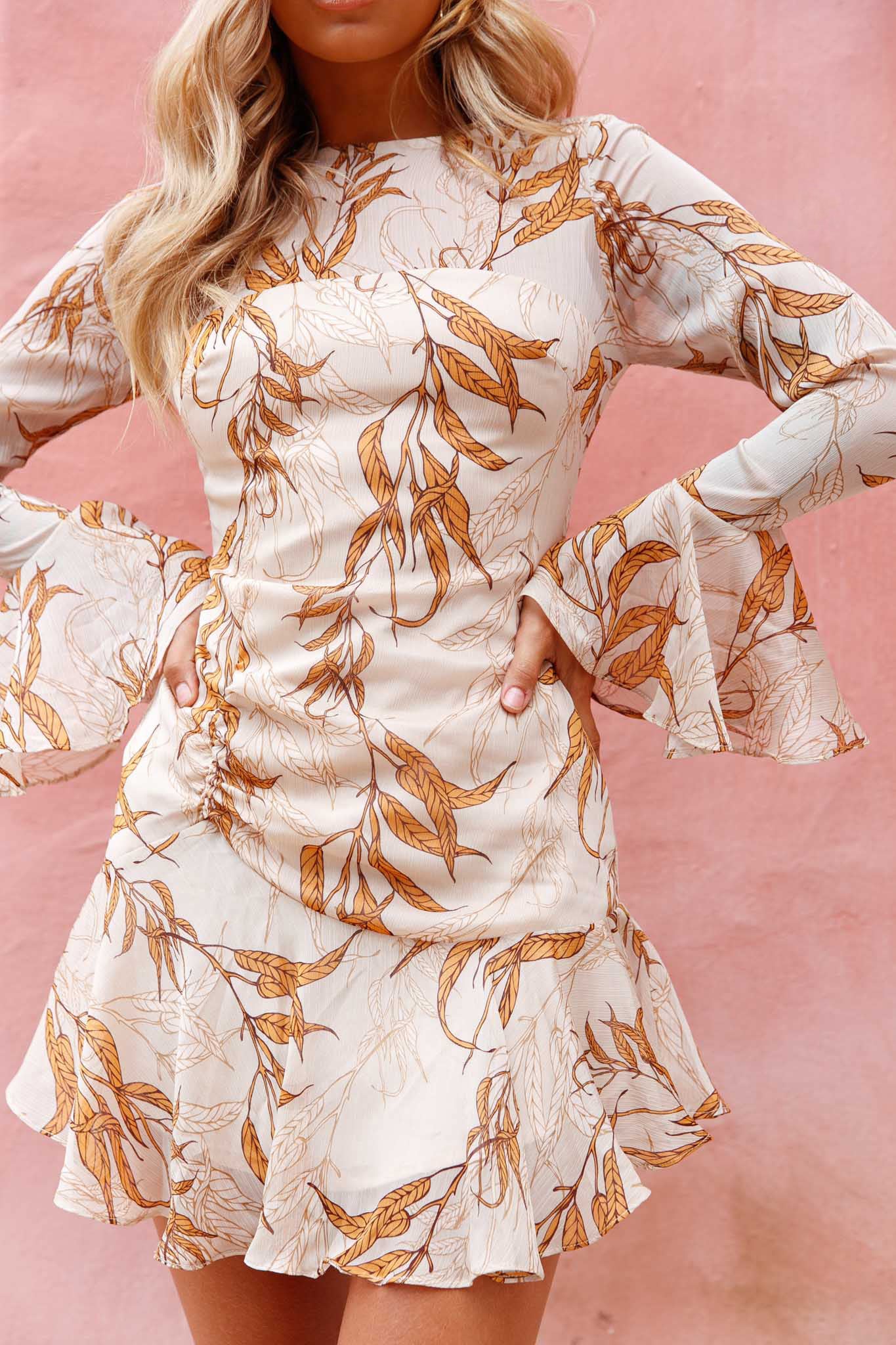 Adalia Long Sleeve Flared Cuff Dress Leaf Print Beige by Selfie Leslie