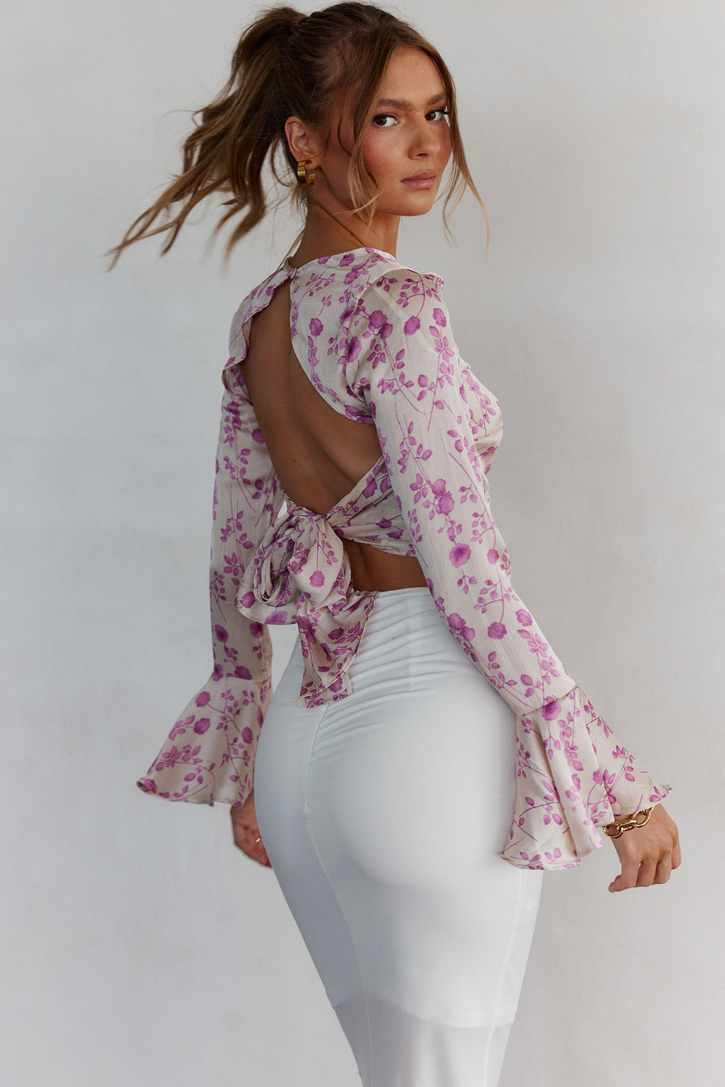 Adalia Long Sleeve Tied Top Floral Champagne by Selfie Leslie