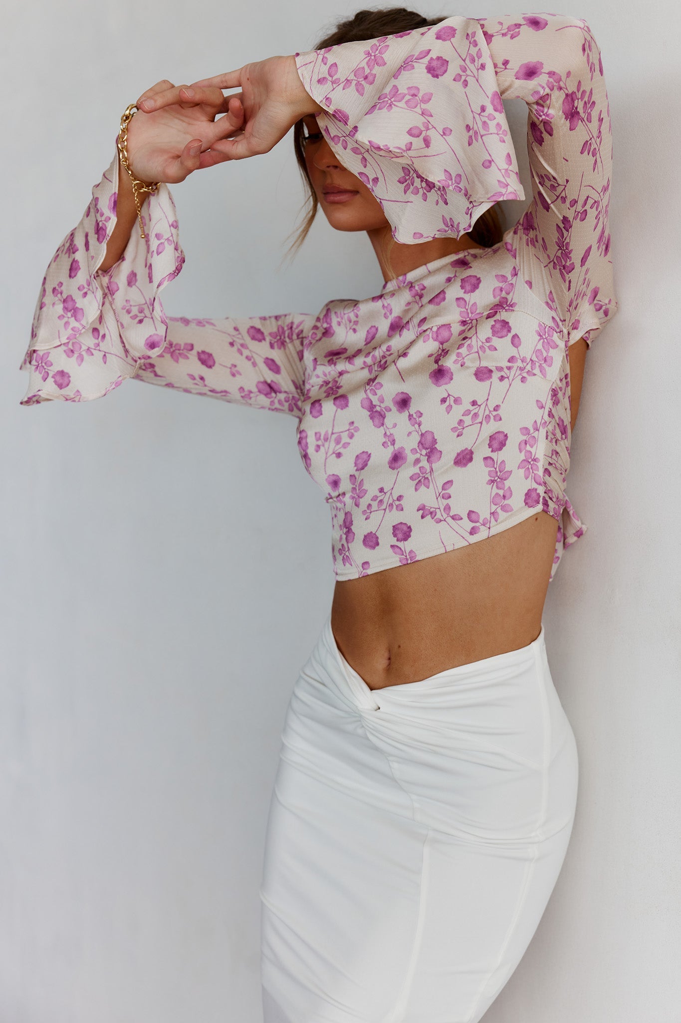 Adalia Long Sleeve Tied Top Floral Champagne by Selfie Leslie